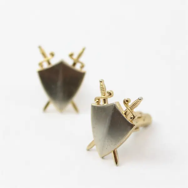 Pair of Vintage Gold Tone Cuff Links Shield & Crossed Swords Shape 