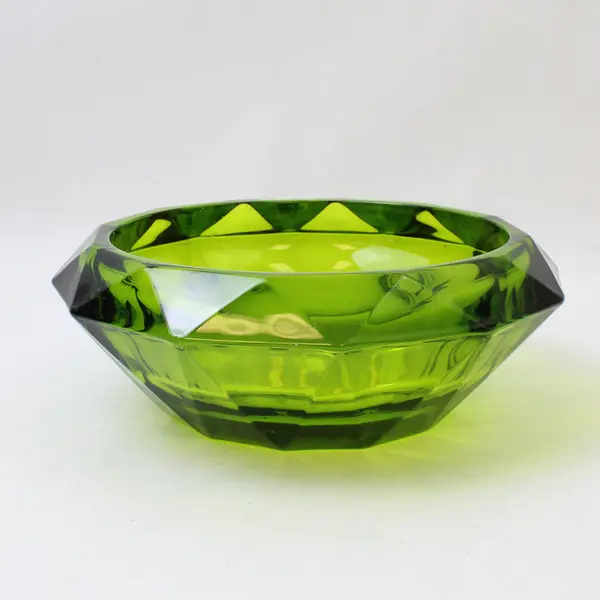 Unbranded Clear Green Art Glass Round Diamond Shaped Candy Bowl MCM Style 8"