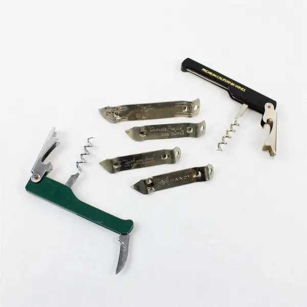 Lot of 6 Metal Wine Beer Can Openers -2 Corkscrews & 4 Bottle Openers