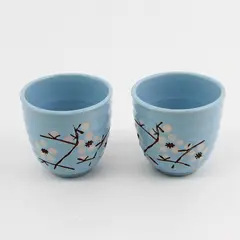 Lot Of 2 Unbranded Blue W/ Sakura Pattern Japanese Ceramic Tea Cups 2.75" Tall