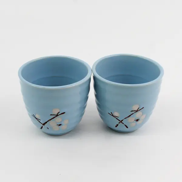 Lot Of 2 Unbranded Blue W/ Sakura Pattern Japanese Ceramic Tea Cups 2.75" Tall