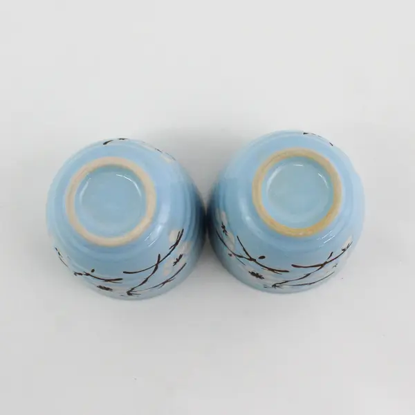 Lot Of 2 Unbranded Blue W/ Sakura Pattern Japanese Ceramic Tea Cups 2.75" Tall