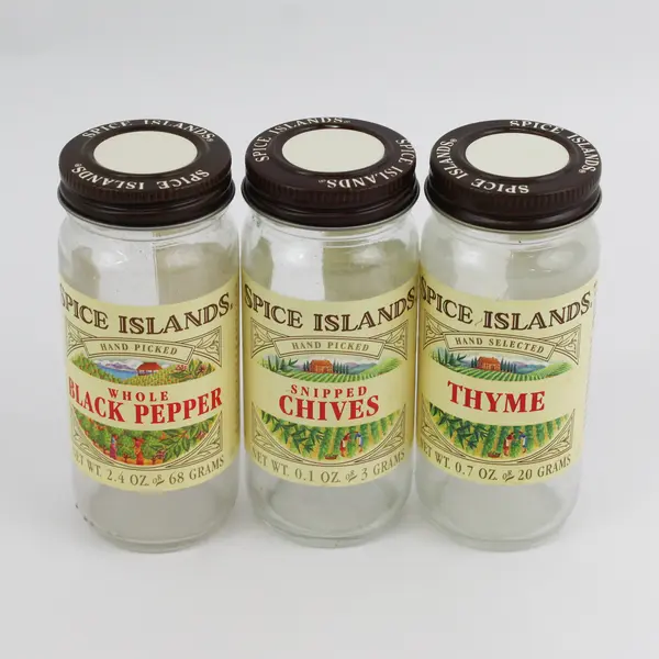 Lot Of 11 Spice Islands Empty Clear Glass Spice Jars W/ Matching Lids 4.5" Tall