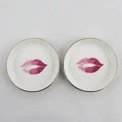 Lot Of 2 Hobby Lobby Matching Lipstick Kiss Round W/ Gold Trim Trinket Dishes