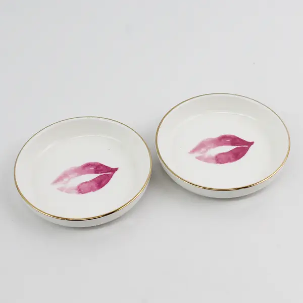 Lot Of 2 Hobby Lobby Matching Lipstick Kiss Round W/ Gold Trim Trinket Dishes