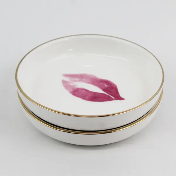 Lot Of 2 Hobby Lobby Matching Lipstick Kiss Round W/ Gold Trim Trinket Dishes