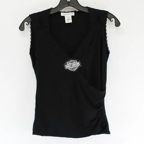 WHBM Women's S Blk Sleeveless Lace Trim V-Neck Tank Top w/Harley Davidson Patch