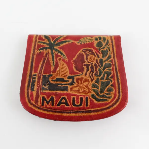 Hawaii Maui Tooled Leather Coin Purse Palm Tree Sailboat Hula