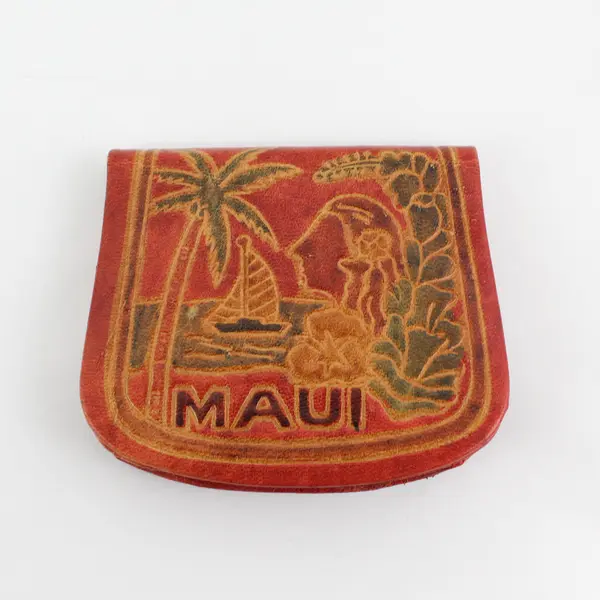 Hawaii Maui Tooled Leather Coin Purse Palm Tree Sailboat Hula