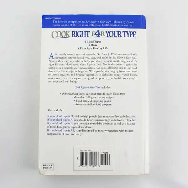 Cook Right 4 Your Type Peter J D'Adamo Catherine Whitney 2000 Paperback