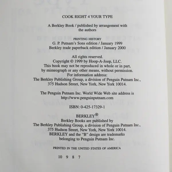 Cook Right 4 Your Type Peter J D'Adamo Catherine Whitney 2000 Paperback