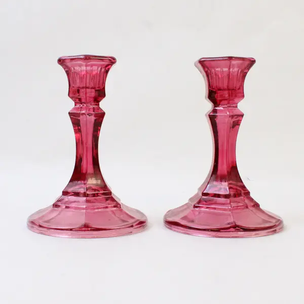 Lot Of 2 Unbranded Clear Candy Red Glass Tapered Candlestick Holders 4.75" Tall
