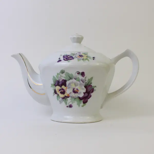 Vintage Floral Purple & White Pansies Porcelain Teapot w/ Gold Trim