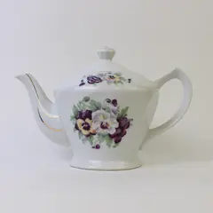 Vintage Floral Purple & White Pansies Porcelain Teapot w/ Gold Trim