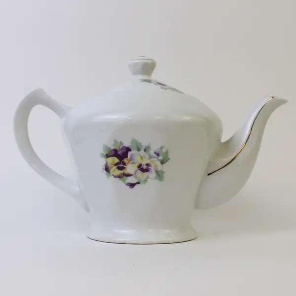 Vintage Floral Purple & White Pansies Porcelain Teapot w/ Gold Trim