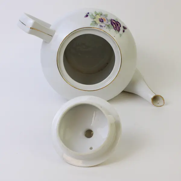 Vintage Floral Purple & White Pansies Porcelain Teapot w/ Gold Trim