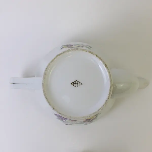 Vintage Floral Purple & White Pansies Porcelain Teapot w/ Gold Trim