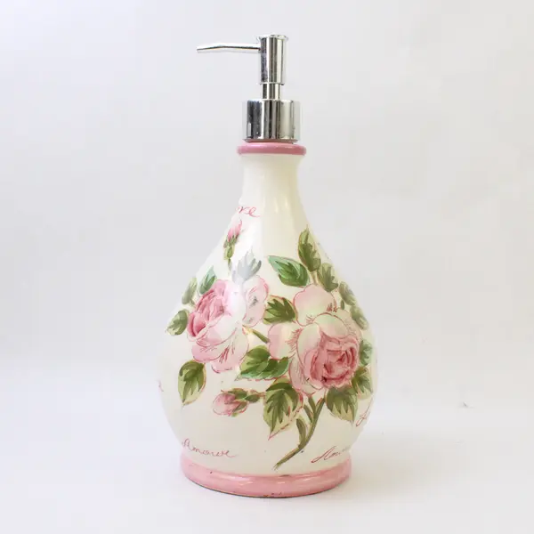 Unbranded White With Pink Roses "Love" Ceramic Liquid Soap Dispenser 10.25" Tall