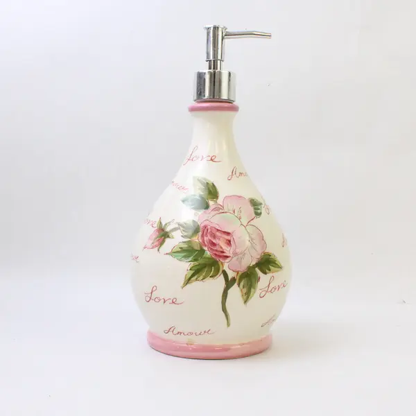 Unbranded White With Pink Roses "Love" Ceramic Liquid Soap Dispenser 10.25" Tall