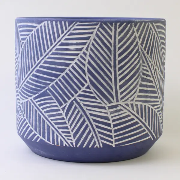 Unbranded Round Blue & White Etched Leaf Pattern Ceramic Planter Pot 4.25" Tall