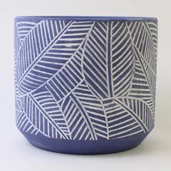 Unbranded Round Blue & White Etched Leaf Pattern Ceramic Planter Pot 4.25" Tall