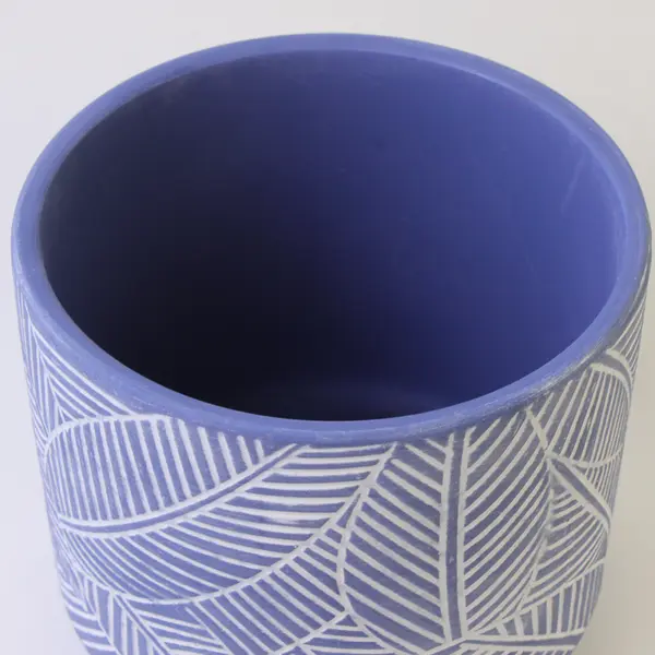 Unbranded Round Blue & White Etched Leaf Pattern Ceramic Planter Pot 4.25" Tall