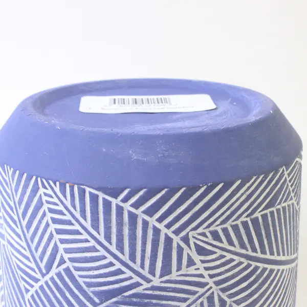 Unbranded Round Blue & White Etched Leaf Pattern Ceramic Planter Pot 4.25" Tall
