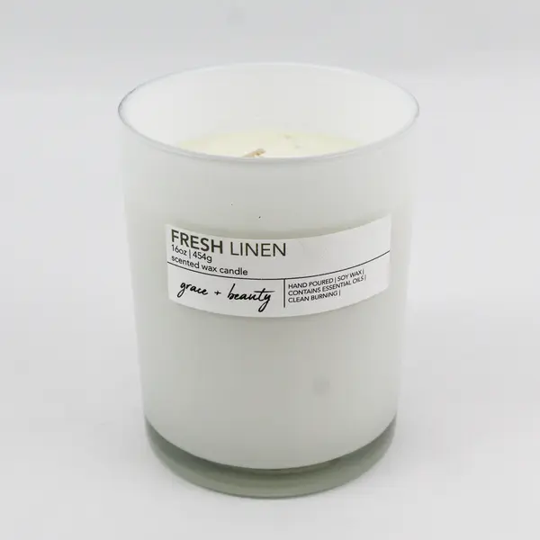 Grace + Beauty Fresh Linen Scented Candle - 16oz - Hand Poured Soy Wax