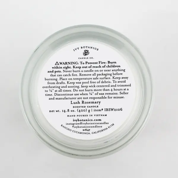Ivy Botanics Candle Co. Lush Rosemary 14.8oz Large Double Wick - USED 