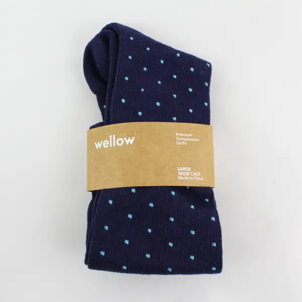 Wellow Premium Compression Socks Unisex Size L Wide Calf Blue Dots New