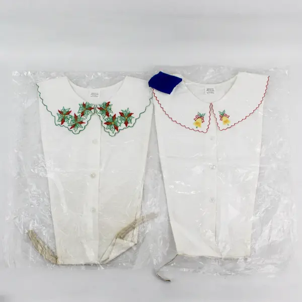 Lot of 2 Vintage Christmas Theme Embroidered White Faux Button Up Dickey Collars