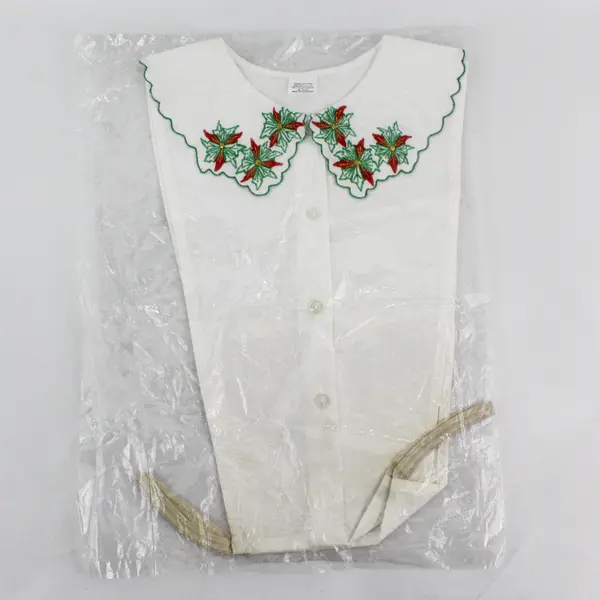 Lot of 2 Vintage Christmas Theme Embroidered White Faux Button Up Dickey Collars