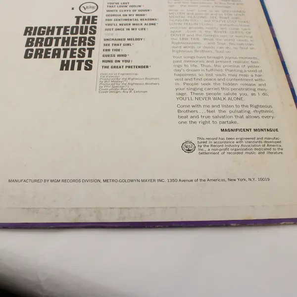 Righteous Brothers The Greatest Hits  12"Vinyl  Record