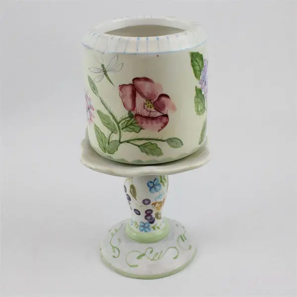 Capriware Floral Nature Scene Ceramic Pedestal Pillar Candle Holder 11" Tall