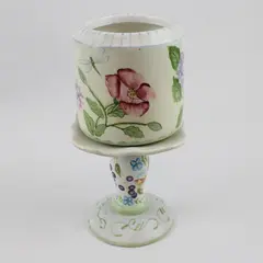 Capriware Floral Nature Scene Ceramic Pedestal Pillar Candle Holder 11" Tall