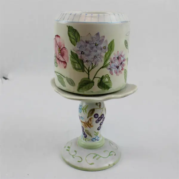 Capriware Floral Nature Scene Ceramic Pedestal Pillar Candle Holder 11" Tall