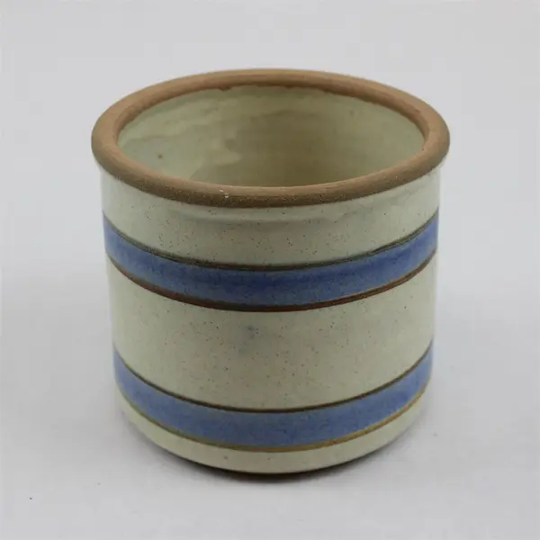 Handmade Cream/Blue/Brown Horizontal Striped Round Ceramic Planter Pot 4.5" Tall