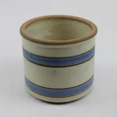 Handmade Cream/Blue/Brown Horizontal Striped Round Ceramic Planter Pot 4.5" Tall