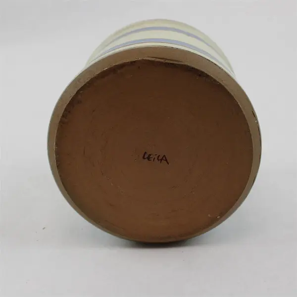 Handmade Cream/Blue/Brown Horizontal Striped Round Ceramic Planter Pot 4.5" Tall