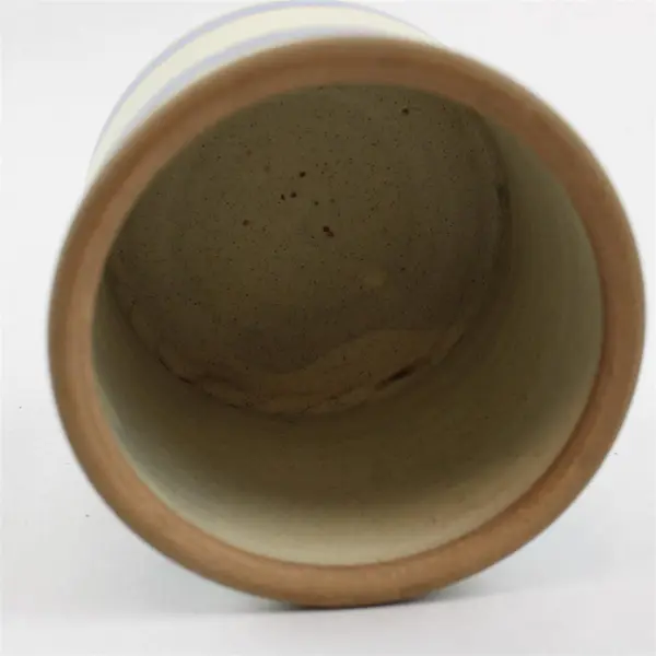 Handmade Cream/Blue/Brown Horizontal Striped Round Ceramic Planter Pot 4.5" Tall