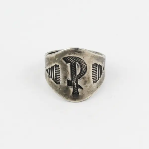 Vtg Silver Native American Cigar Band Ring Size 8.5 With The Letter P Arrows