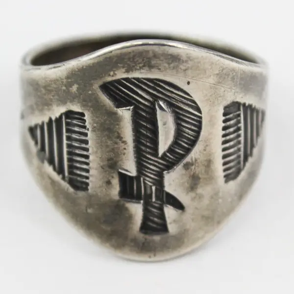Vtg Silver Native American Cigar Band Ring Size 8.5 With The Letter P Arrows