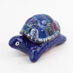 Handcrafted Cobalt Blue Terracotta Turtle Trinket Box Geometric Pattern Shell