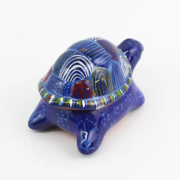 Handcrafted Cobalt Blue Terracotta Turtle Trinket Box Geometric Pattern Shell