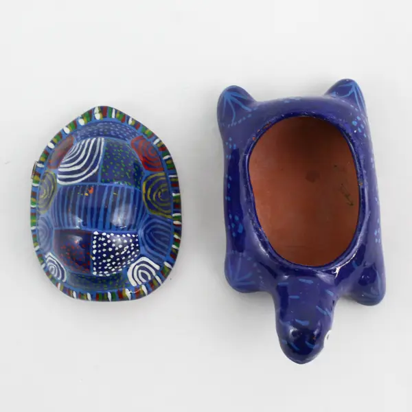 Handcrafted Cobalt Blue Terracotta Turtle Trinket Box Geometric Pattern Shell