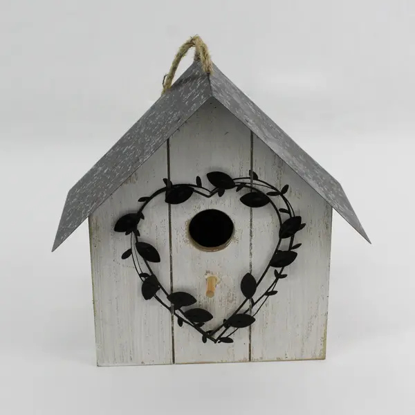 Hobby Lobby White Wood Birdhouse With Metal Roof And Heart Shaped Leaves 