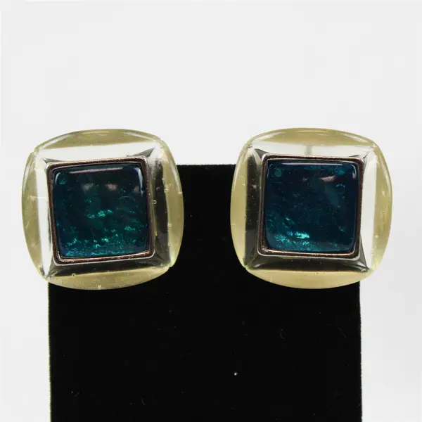 Pair Blue Stone Plastic Clip-On Earrings Vintage Costume Jewelry