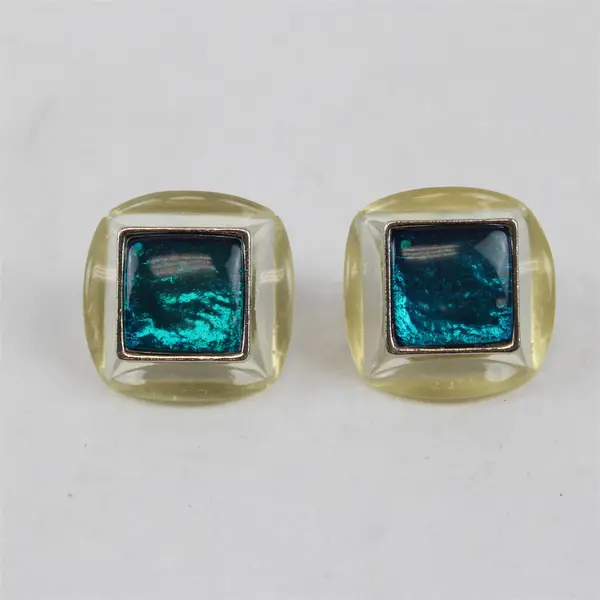 Pair Blue Stone Plastic Clip-On Earrings Vintage Costume Jewelry