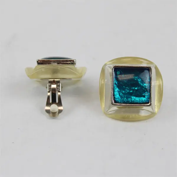 Pair Blue Stone Plastic Clip-On Earrings Vintage Costume Jewelry