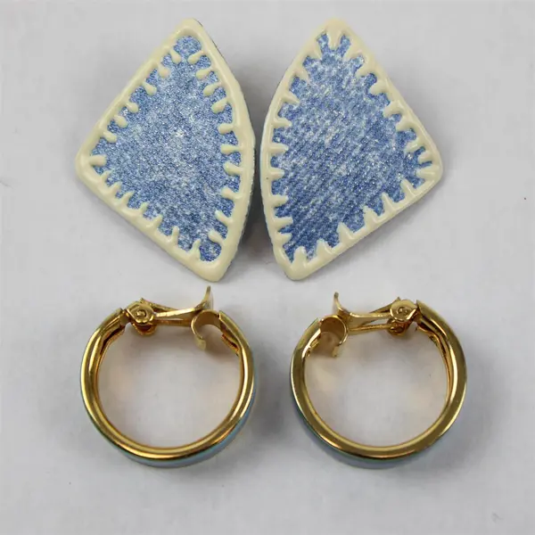Lot of 2 Pairs Costume Earrings Clip-On Hoops & Dangle Blue Green White